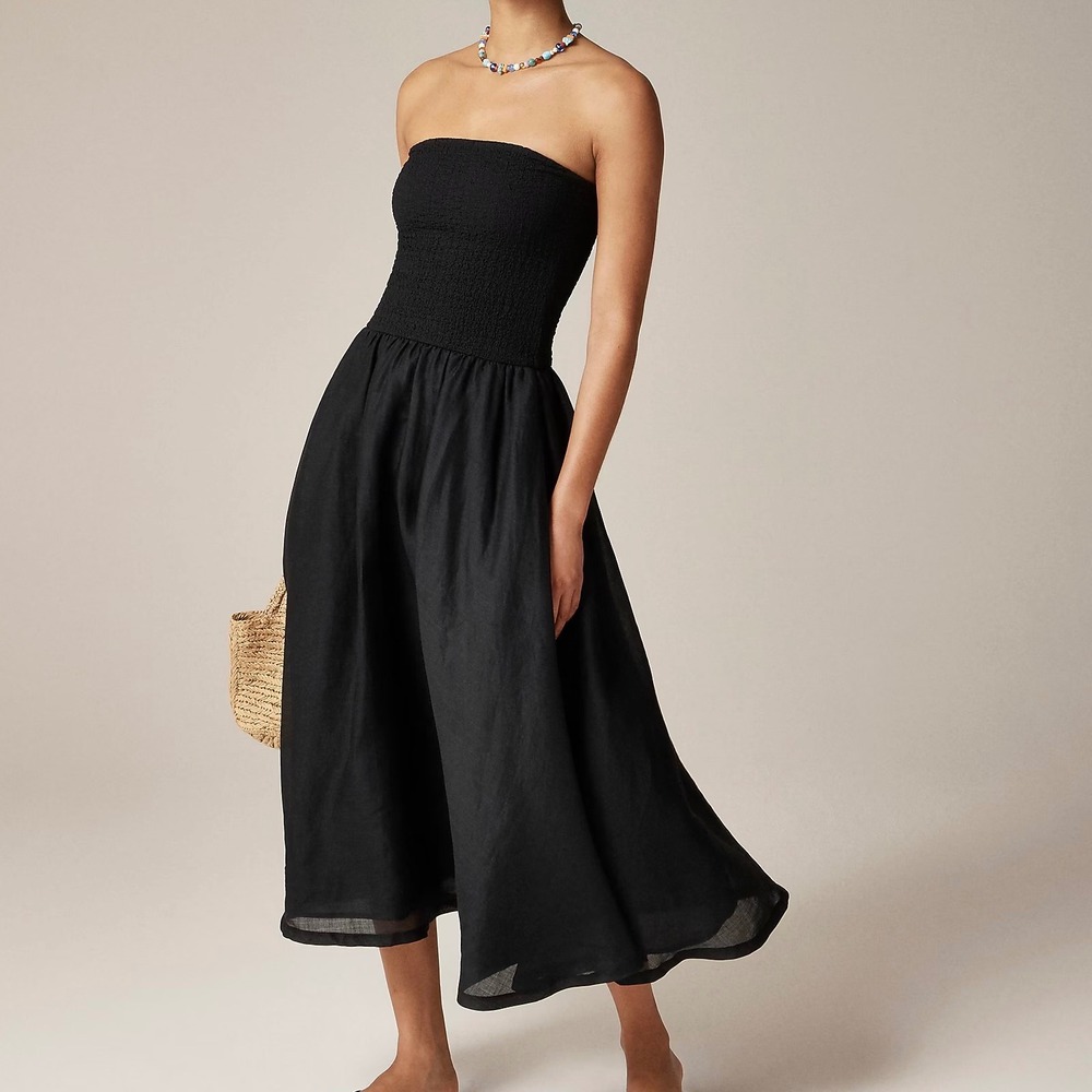 NWT J.Crew Women's Black Strapless Mixy Dress‎ Smocked Midi Size M